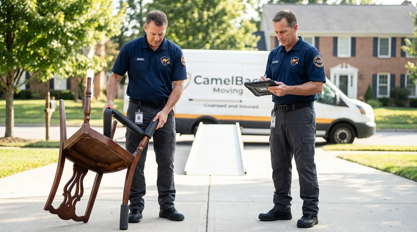 Movers inspecting furniture for damage prevention before loading in Nicholls, GA