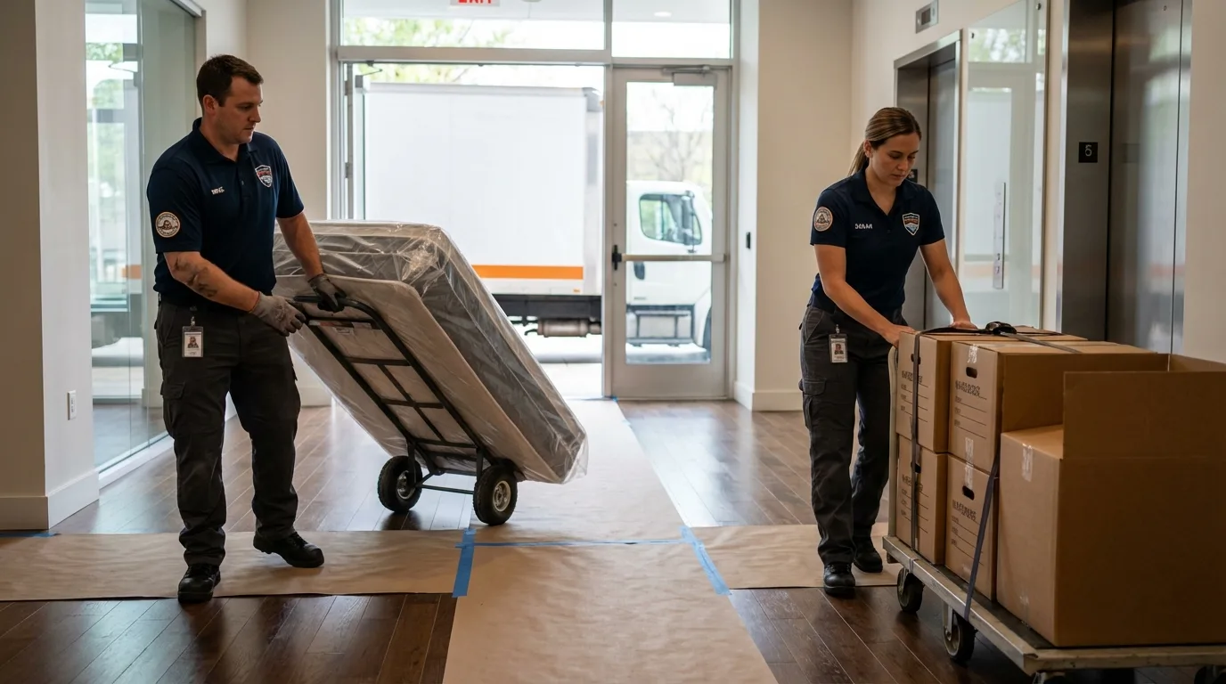 Professional apartment movers loading elevator in Nicholls, GA