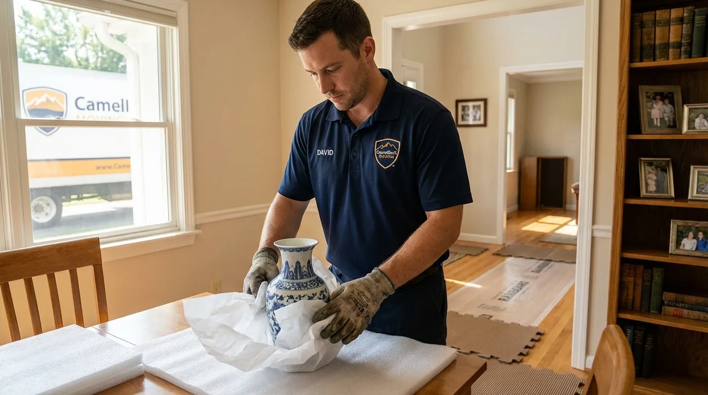 Professional crew carefully wrapping antique vase for senior downsizing move in Nicholls, GA